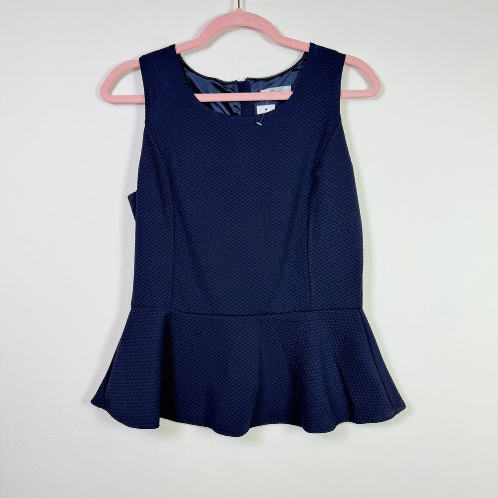NEW YORK & COMPANY Navy Blue Textured Peplum Back Zip Top Medium